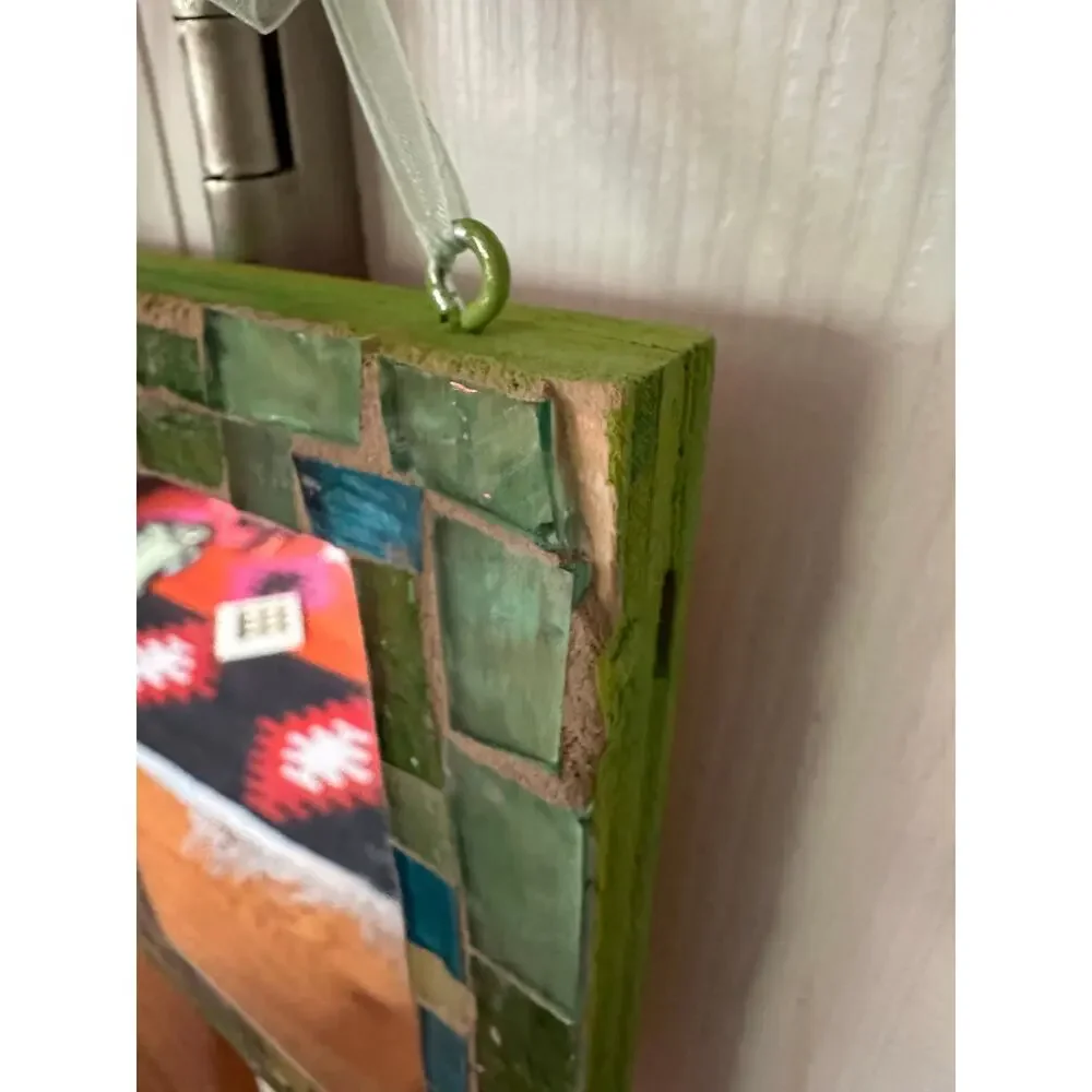 2 Vintage MOSAIC MIRRORS swell colors handmade bohemian green yellow 16x8”,8x6”